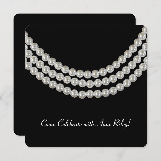 Invitation collier de perle blanche sur noir pour la fête d'a (Devant / Derrière)