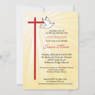 Invitation Colombe croisée arrondie Rayons dorés Confirmation