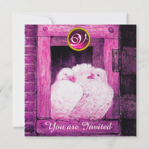 INVITATION COLOMBES BLANCHES À LA FENÊTRE ROSE, MONOGRAMME DE