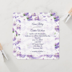 Invitation Colombes blanches de mariage avec lilas et rubans