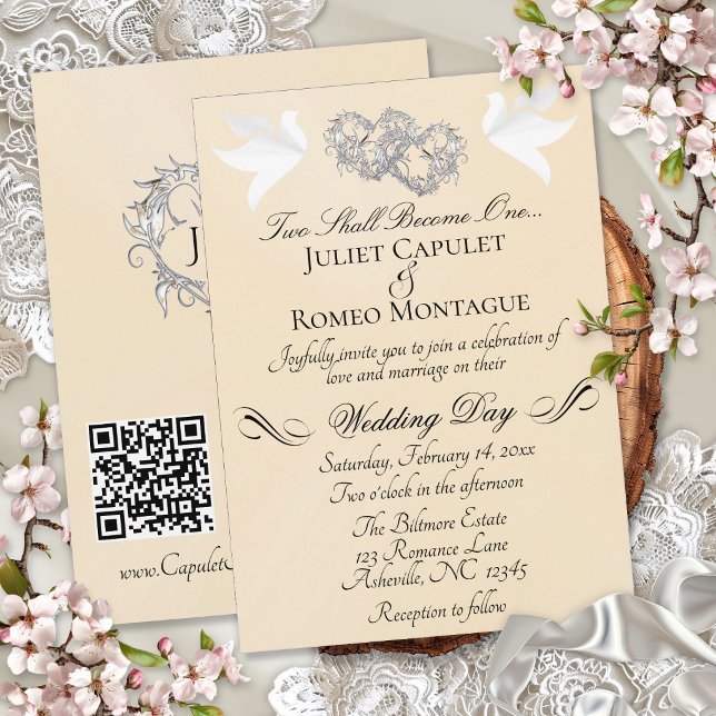 Invitation Colombes, Cœurs, Code QR - Perle pêche/Argent (Créateur téléchargé)