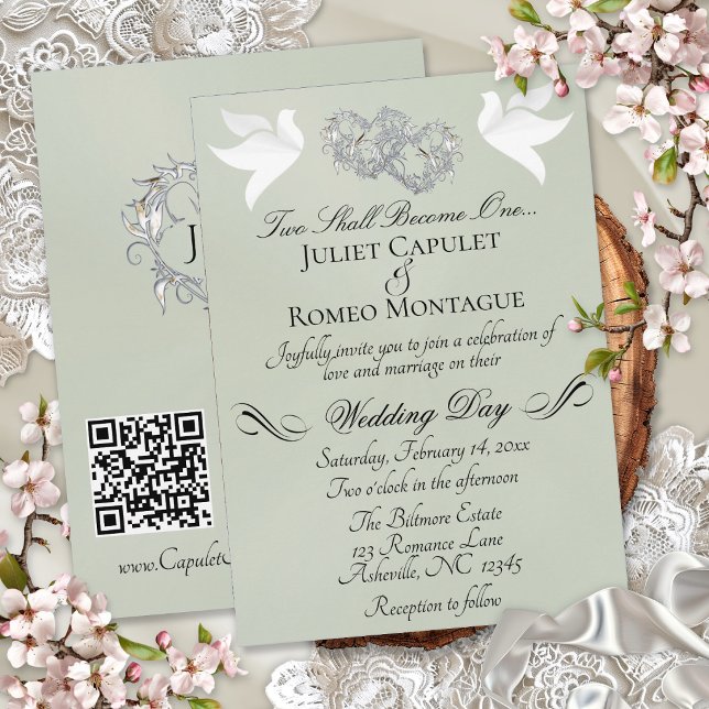 Invitation Colombes, Cœurs, Code QR - Sage Perle/Argent (Créateur téléchargé)