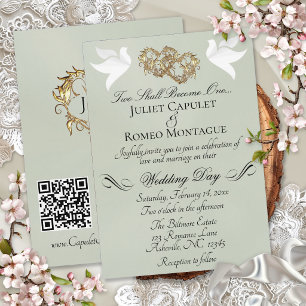 Invitation Colombes, Cœurs, Code QR - Sauge Perle/Or
