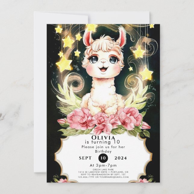Invitation Coloré Adorable Llama Anniversaire (Devant)