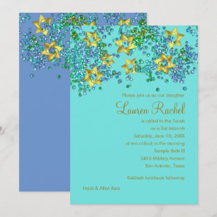 Invitation Coloré Bat mitzvah Gold Star Glittery Confetti