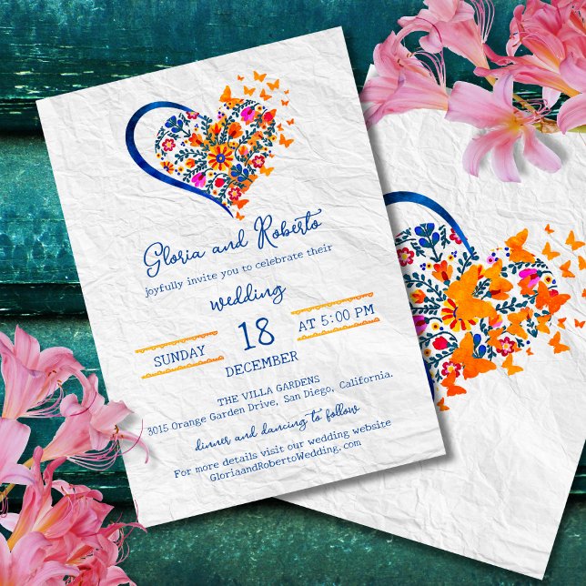 Invitation Coloré Floral Heart Mariage mexicain (Créateur téléchargé)