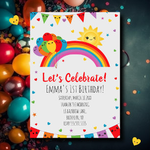 Invitation Coloré Kawaii Enfants Arc-en-ciel fête d'anniversa
