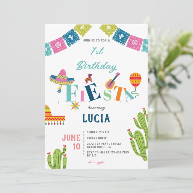 Invitation Coloré mexicain Fiesta Cactus 1er anniversaire (Debout devant)