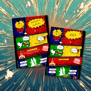 Invitation coloré moderne amusant rétro comic histoire mariag