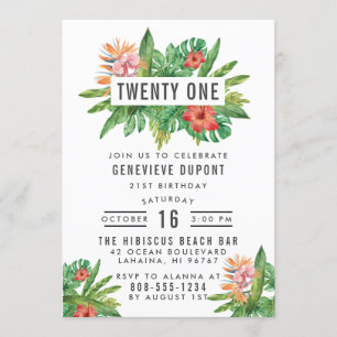 Invitation Coloré Plantes tropicaux Vingt et un fête d'annive