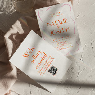 Invitation Coloré Retro Fun Vintage mignon QR Code Mariage