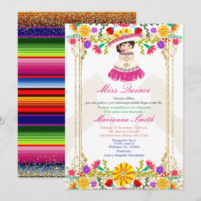 Invitation Coloré rose Floral mexicain Quinceañera  (Devant / Derrière)