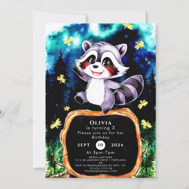Invitation Coloré Simple Raccoon Anniversaire (Devant)