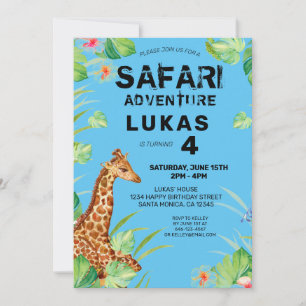 Invitation Coloré Tropical Jungle Safari Giraffe Anniversaire