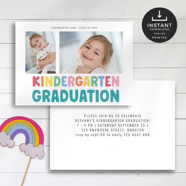Invitation Colorée 2 Photo Kindergarten Graduation Party (Front and back view)