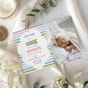 Invitation colorée au pastel rayé pour 1er anniver