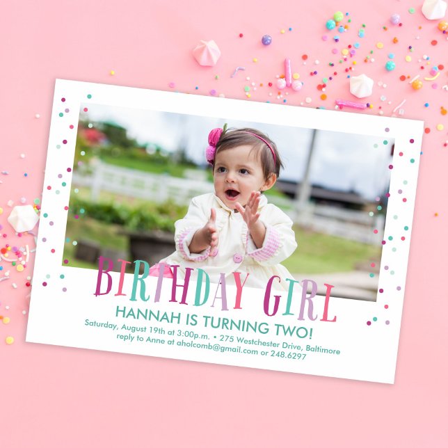 Invitation Colorée Confetti Girl Photo Anniversaire (Créateur téléchargé)