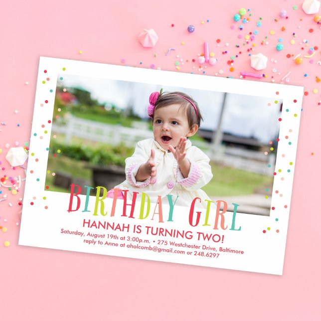Invitation Colorée Confetti Girl Photo Anniversaire (Créateur téléchargé)
