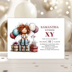 Invitation colorée d'anniversaire de fille avec hu