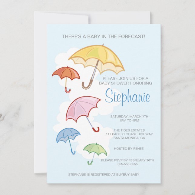 Invitation colorée de baby shower de parapluies (Devant)