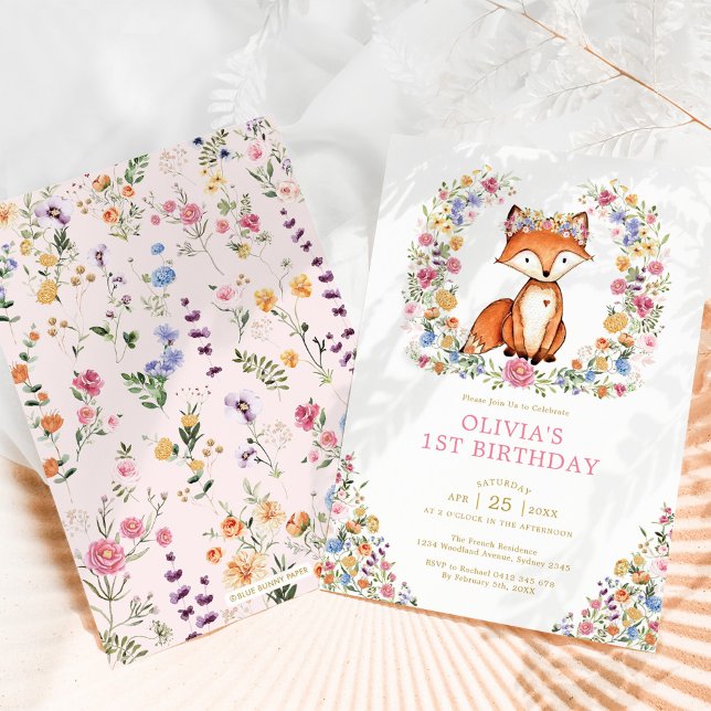 Invitation Colorée Fleur sauvage Woodland Fox fille Anniversa (Créateur téléchargé)