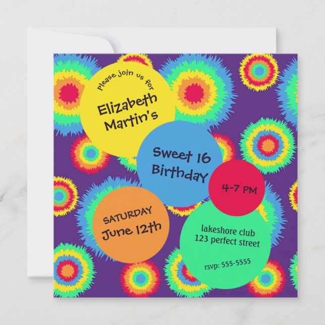Invitation Colorée Tye Dye fête d'anniversaire (Devant)