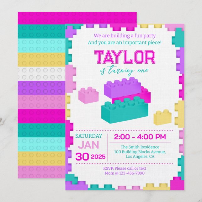 Invitation Colorful Bricks Building Blocks Birthday Party (Devant / Derrière)