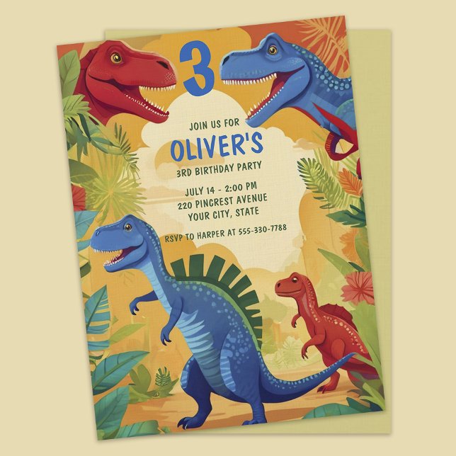 Invitation Colorful Dinosaur Jungle Adventure 3rd Birthday (Créateur téléchargé)