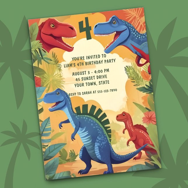 Invitation Colorful Dinosaurs Jungle Adventure 4th Birthday (Créateur téléchargé)