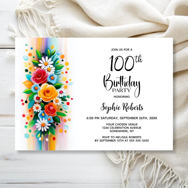 Invitation Colorful Floral 100th Birthday Party (Créateur téléchargé)