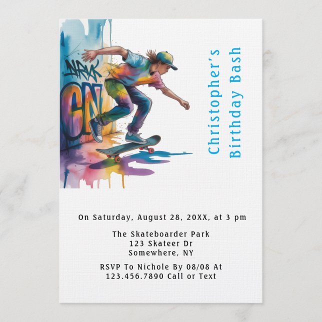 Invitation Colorful Graffiti Skateboarder Birthday Bash  (Devant)