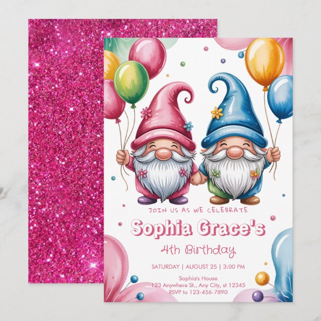 Invitation Colorful happy gnomes with balloons (Devant / Derrière)