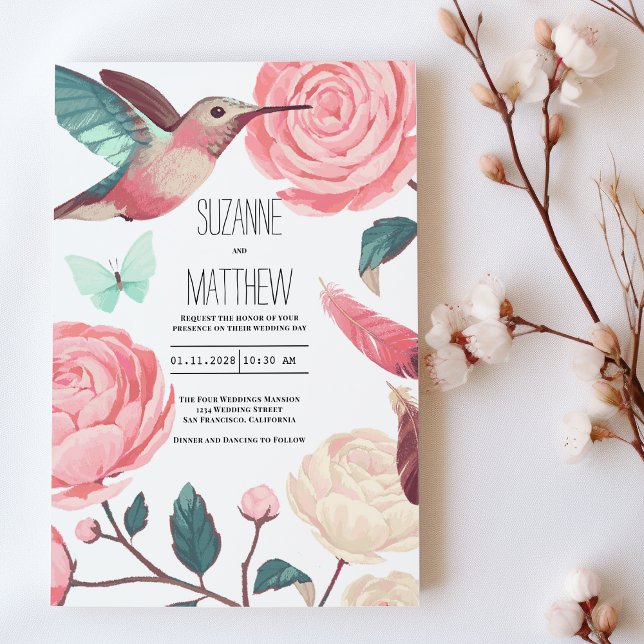 Invitation Colorful Hummingbird Floral Spring Wedding (Colorful Hummingbird Floral Spring Wedding)