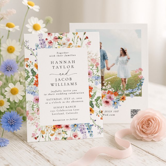 Invitation Colorful Meadow Wildflower Wedding QR Code (Créateur téléchargé)