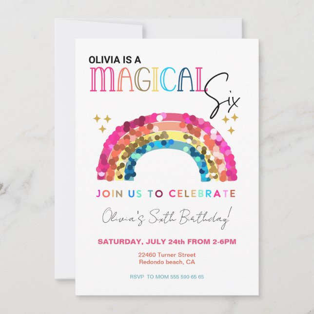 Invitation Colorful Sequin Rainbow 6th magical birthday (Devant)