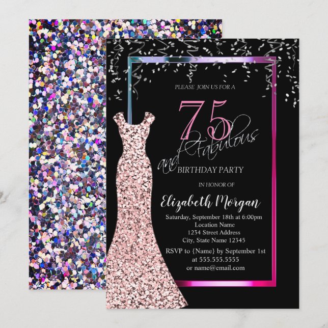 Invitation Colorful Sequins Rose Gold Dress 75th Birthday (Devant / Derrière)