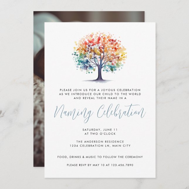Invitation Colorful Tree Photo Baby Naming Ceremony (Devant / Derrière)