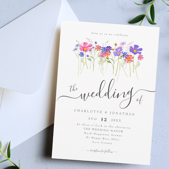 Invitation Colorful Vibrant Bold Wildflowers Wedding (Colorful Vibrant bold watercolor wildflower blue purple pink orange yellow wedding invitation )