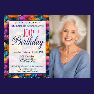 Invitation Colorful Vibrant Poppy Flower 100th Birthday Photo