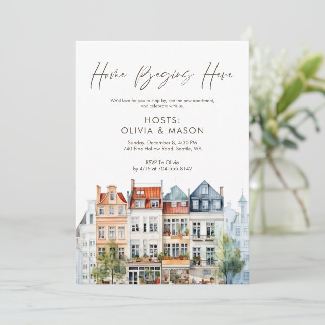 Invitation Colorful Watercolor Apartment Housewarming (Debout devant)