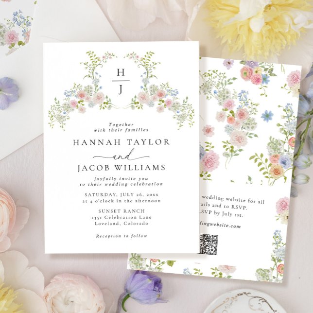 Invitation Colorful Wildflower QR Code Monogram Wedding (Créateur téléchargé)