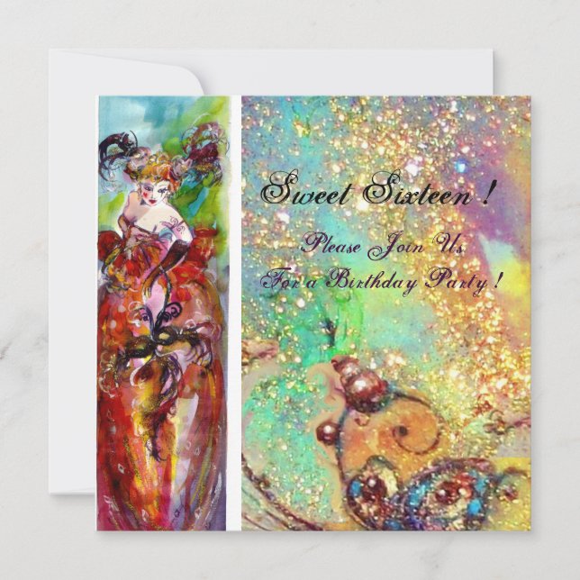 Invitation COLUMBINE, Sweet sixteen Masquerade Party, bleu ro (Devant)