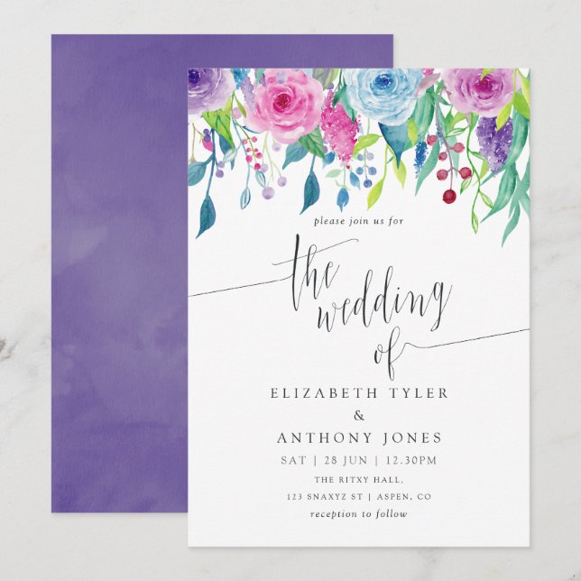 Invitation Combinaison couleur ultra violet Aquarelle Floral  (Devant / Derrière)