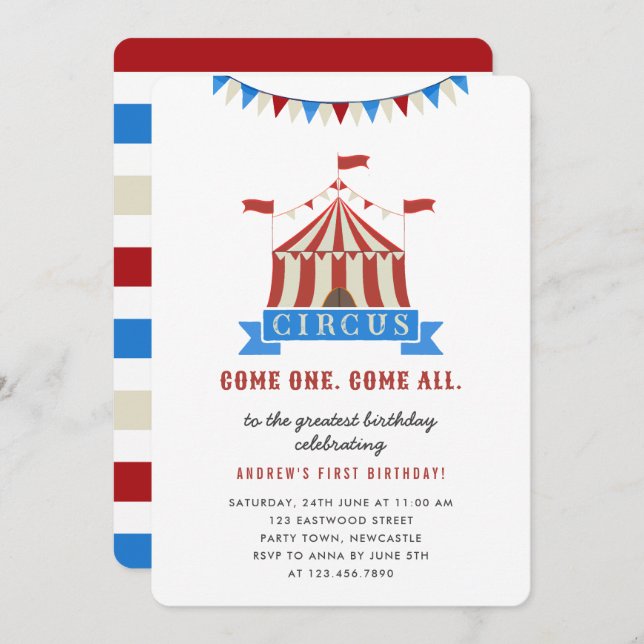 Invitation Come One Come All Circus Anniversaire de enfant Pa (Devant / Derrière)