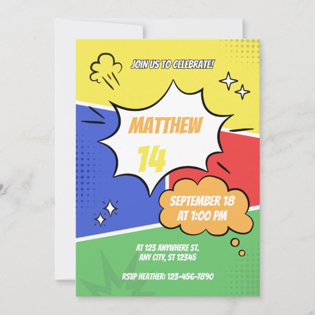 Invitation - Comic Book Style - Customize Name Age (Front)