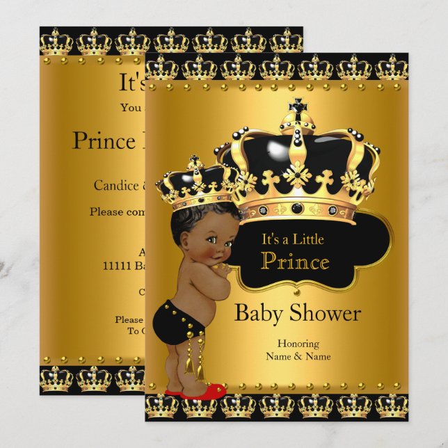 Invitation Commande Prince Baby shower Rouge Noir Or (Devant / Derrière)