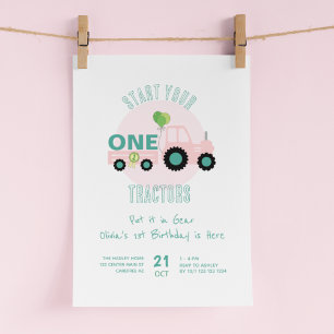 Invitation Commencer vos tracteurs rose 1er anniversaire