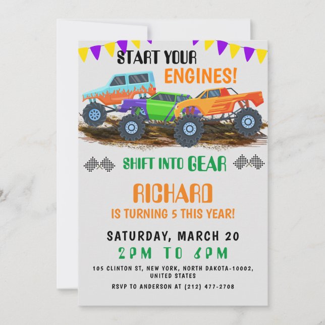 Invitation Commencez vos moteurs Funny Monster Truck Annivers (Devant)