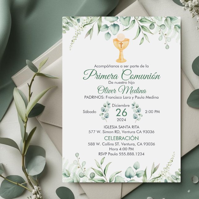 Invitation Commune Espagnole Feuille Vert mignon (Créateur téléchargé)