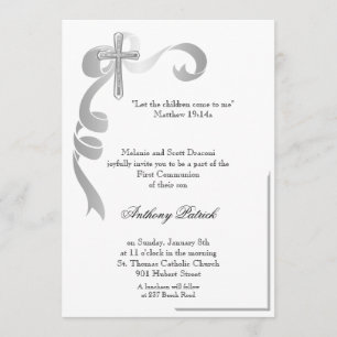 Invitation Communion argentée de croix de ruban